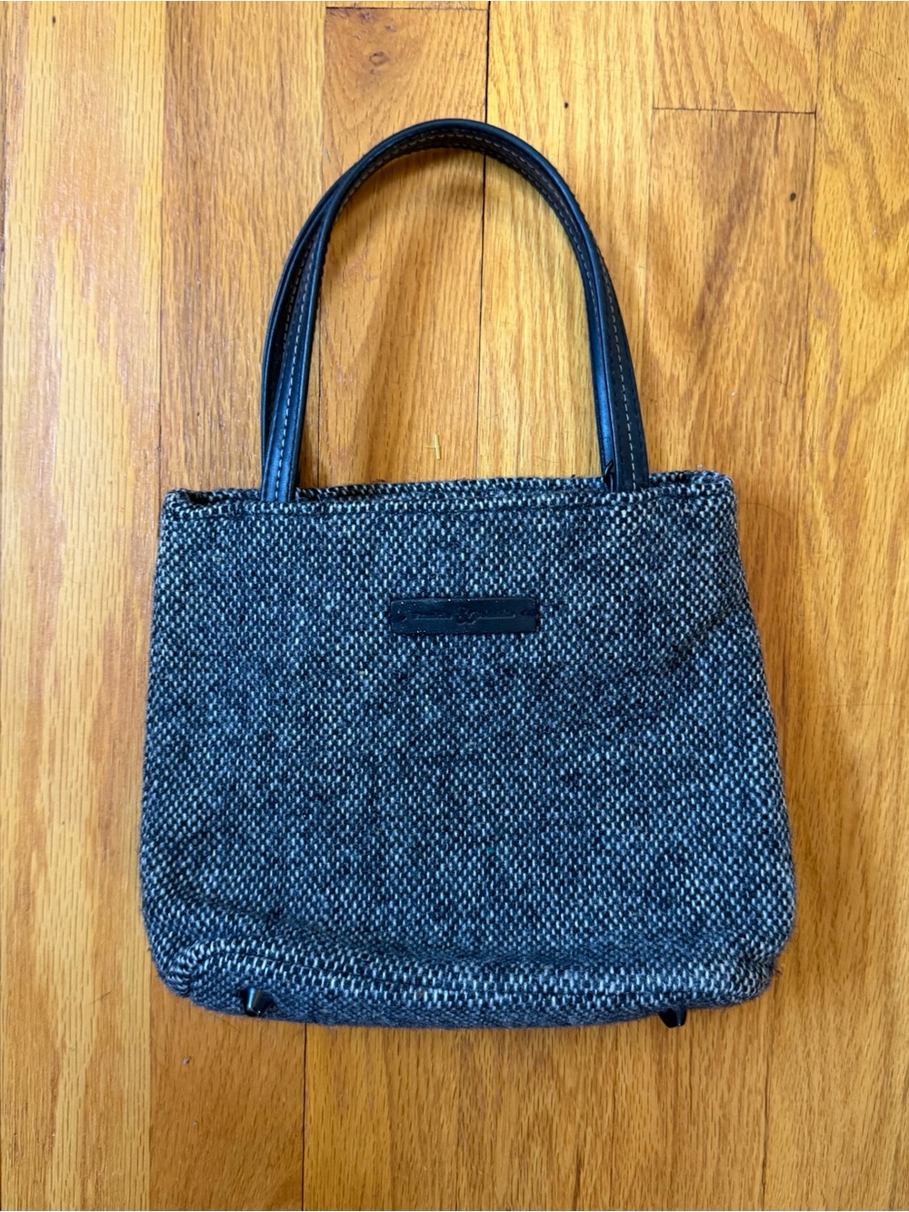 Vintage Grey Tweed Mini Tote Bag with Black Handles